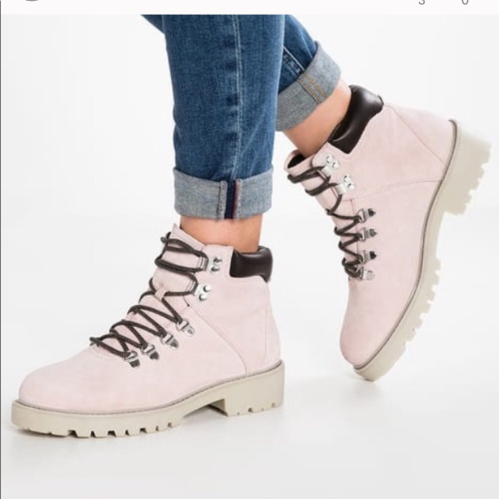 Vagabond Sweden Kenova Leather Hiker Boots Pink Chunk Sole Warm Fuzzy Lining 37